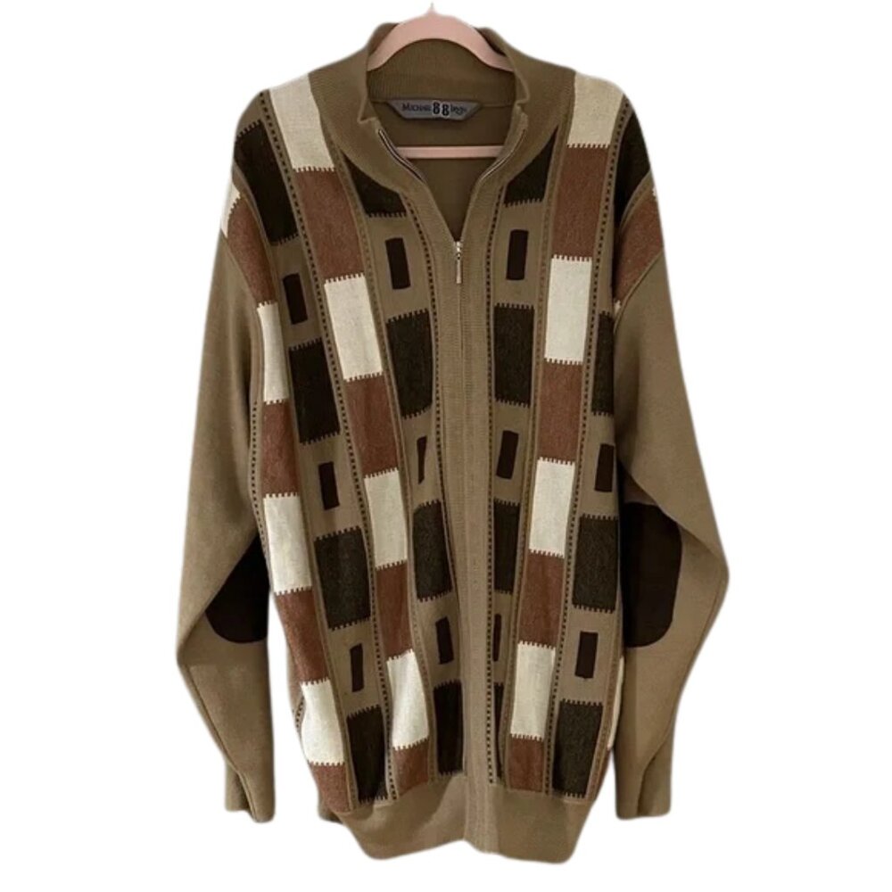 Vintage Style Men’s Zip Cardigan Sweater Neutral Geo Pattern Retro
